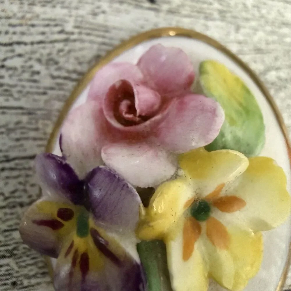 Artone Vintage British Bone China Yellow Rose Pansies Flower Brooch England